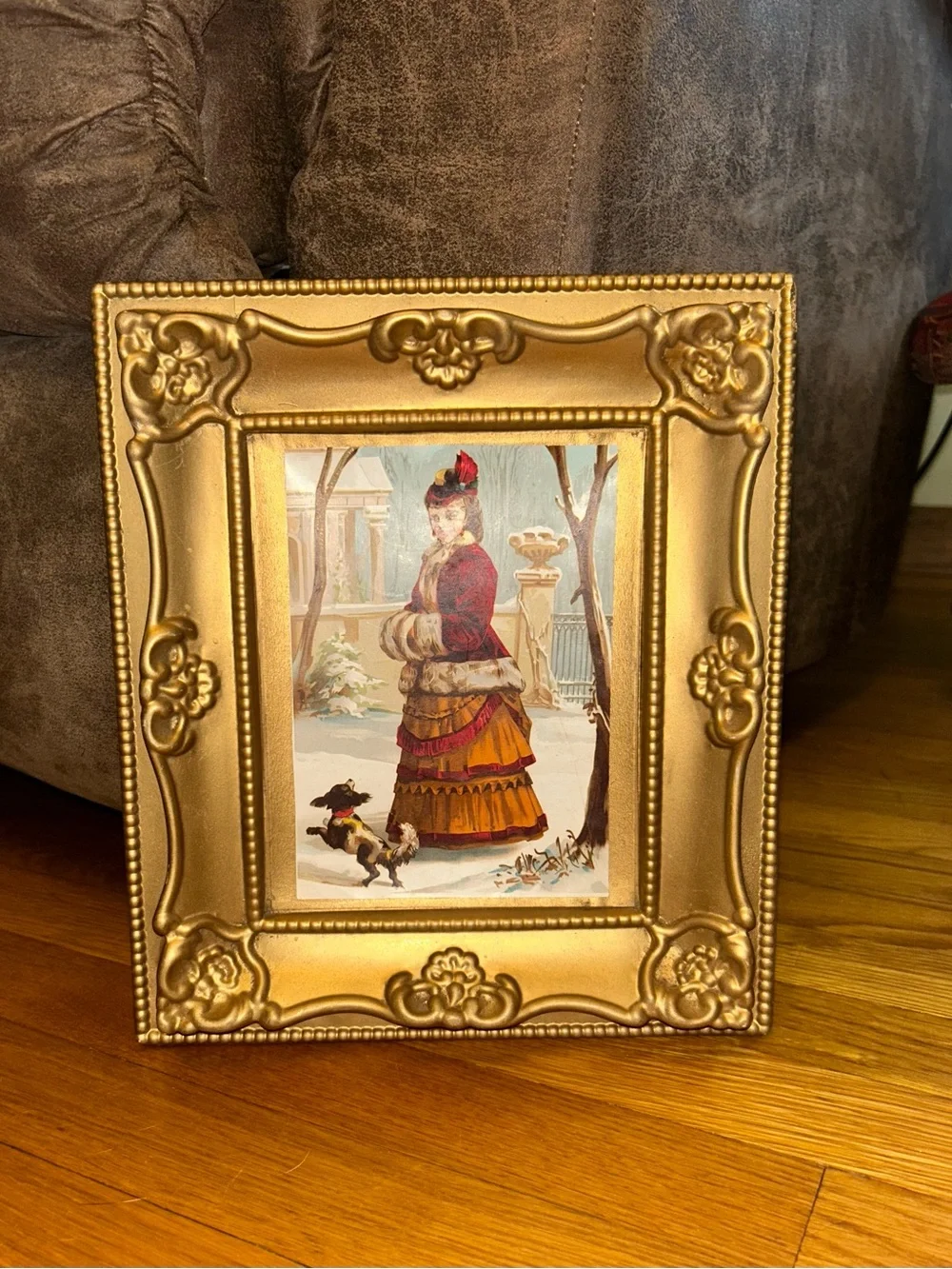 Vintage/antique 5d ornate framed print of a Victorian woman w/ her dog